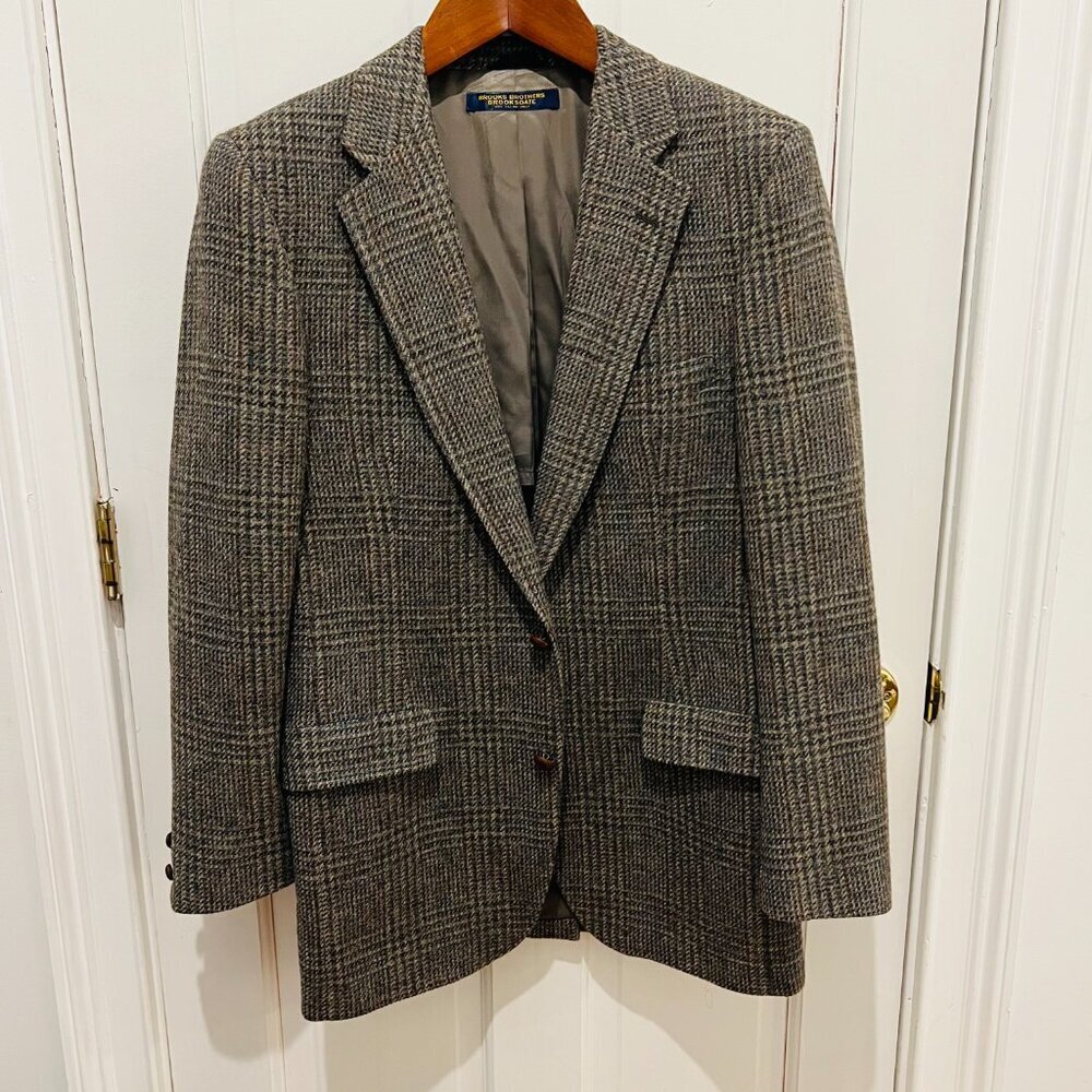 VTG 41 Long Brooks Brothers " Makers " Gray Knit Plaid Tweed Blazer Made USA